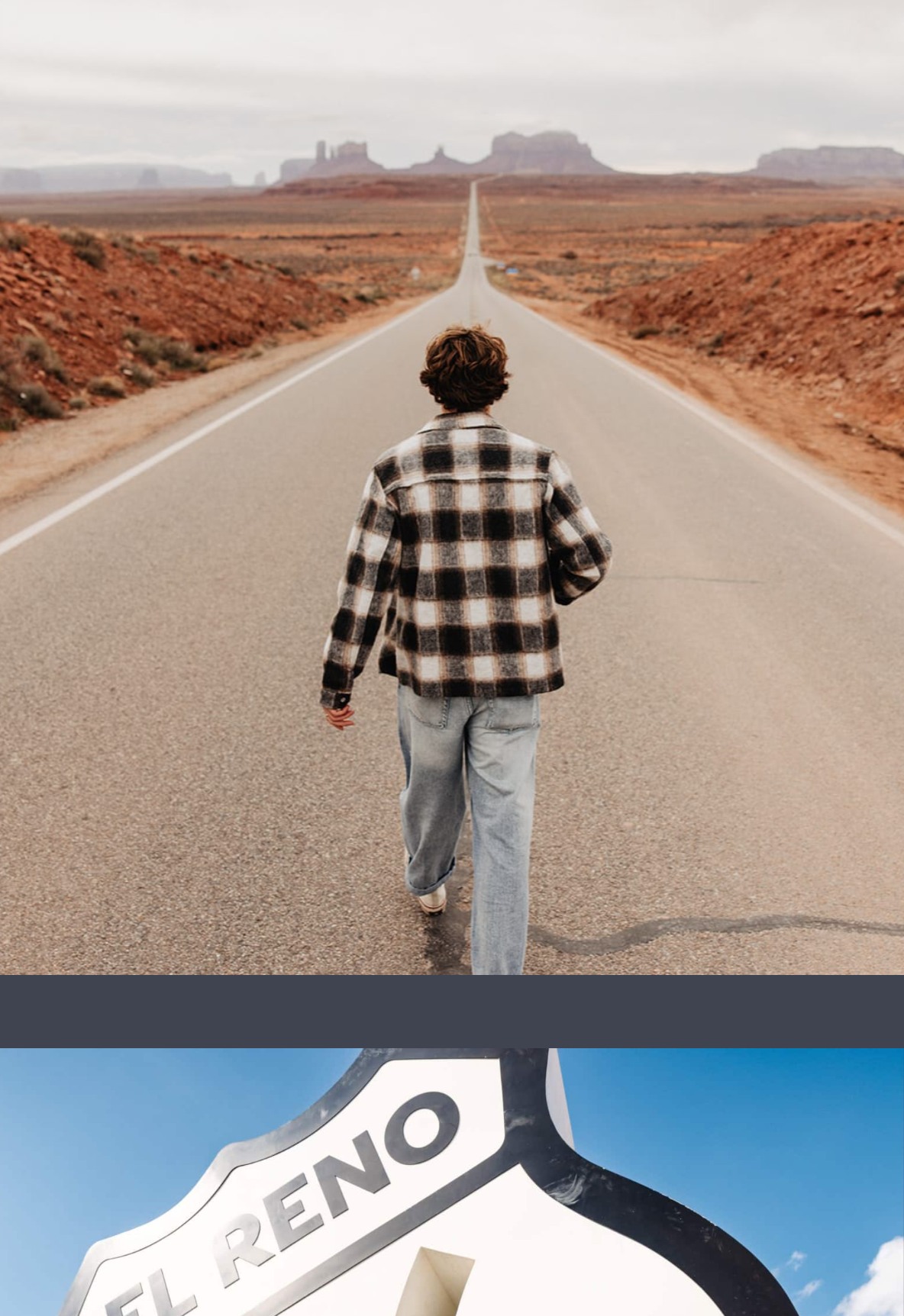 Traveler walking down a desert highway toward Monument Valley